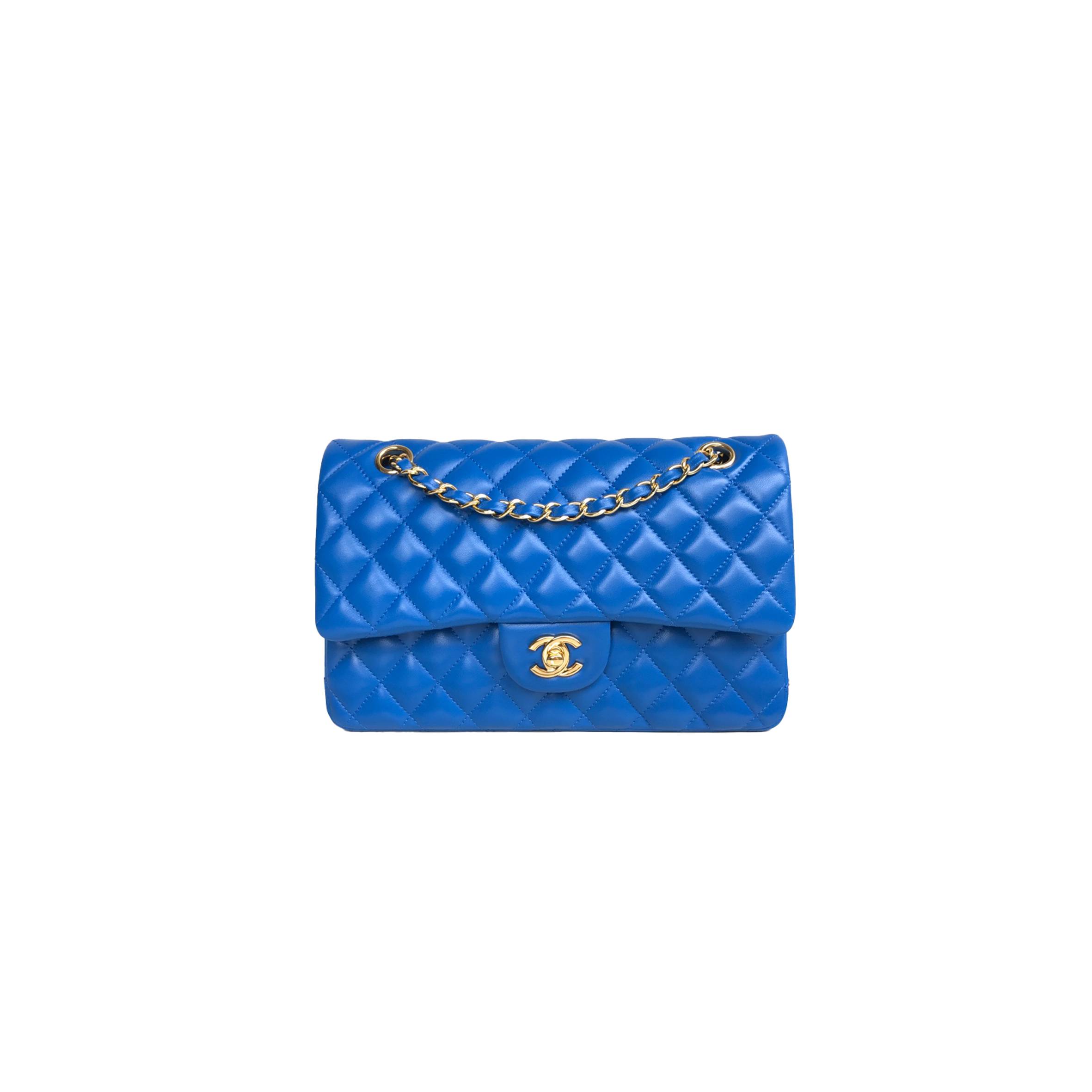 Ch**el electric blue medium lambskin double flap light gold bag a1112 (25*15*6cm)